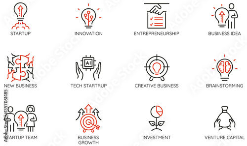 Vector Set of Linear Icons Related to Startup, Entrepreneurship and Business Idea. Mono line pictograms and infographics design elements