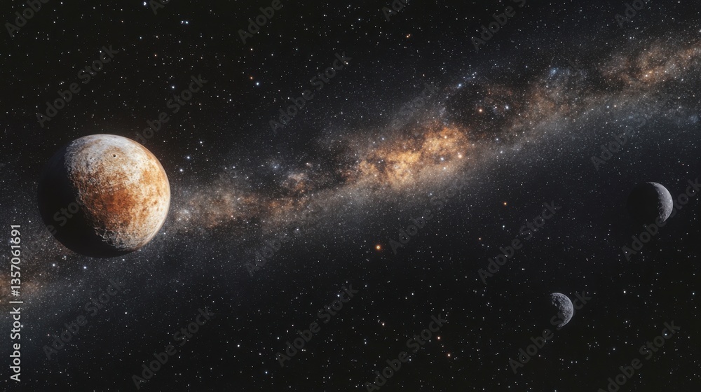 Fototapeta premium A deep space view of a starry sky with distant planets and asteroids