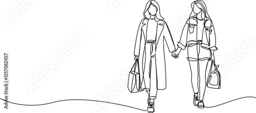continuous single line drawing of two young women walking hand in hand, line art vector illustration