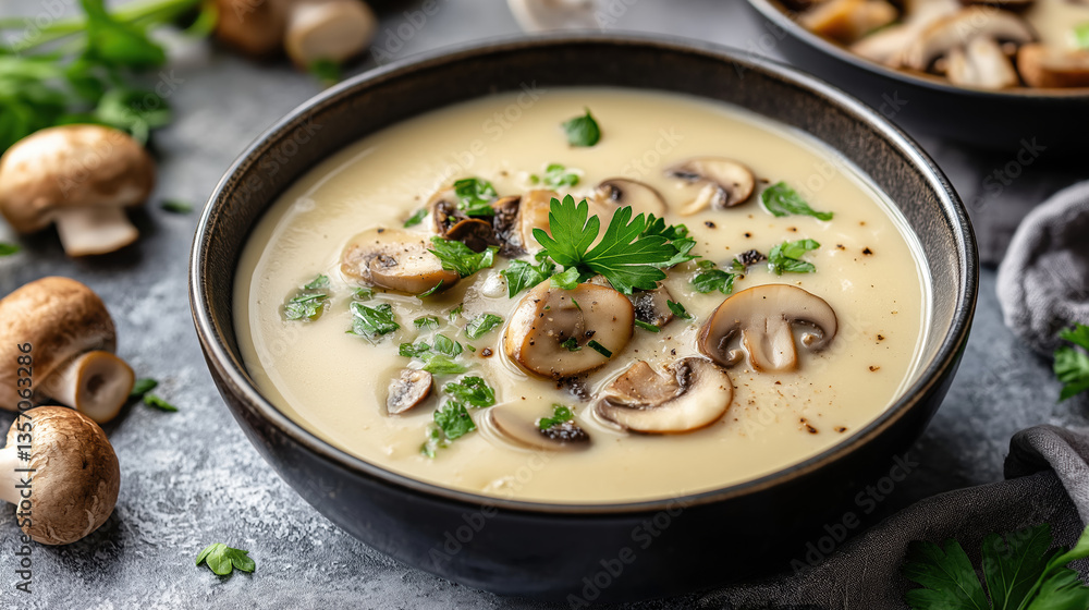 Mushroom soup with herbs in black bowl Mushroom soup with herbs in black bowl