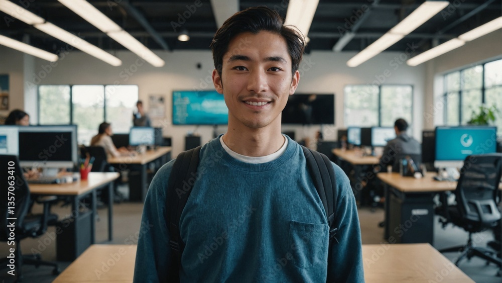 Happy Japanese Young Man in a Contemporary Learning Hub, Suitable for Content Related to Modern Education Trends, Student Success, and Progressive Teaching Methods Happy Japanese Young Man in a Contemporary Learning Hub, Suitable for Content Related to Modern Education Trends, Student Success, and Progressive Teaching Methods