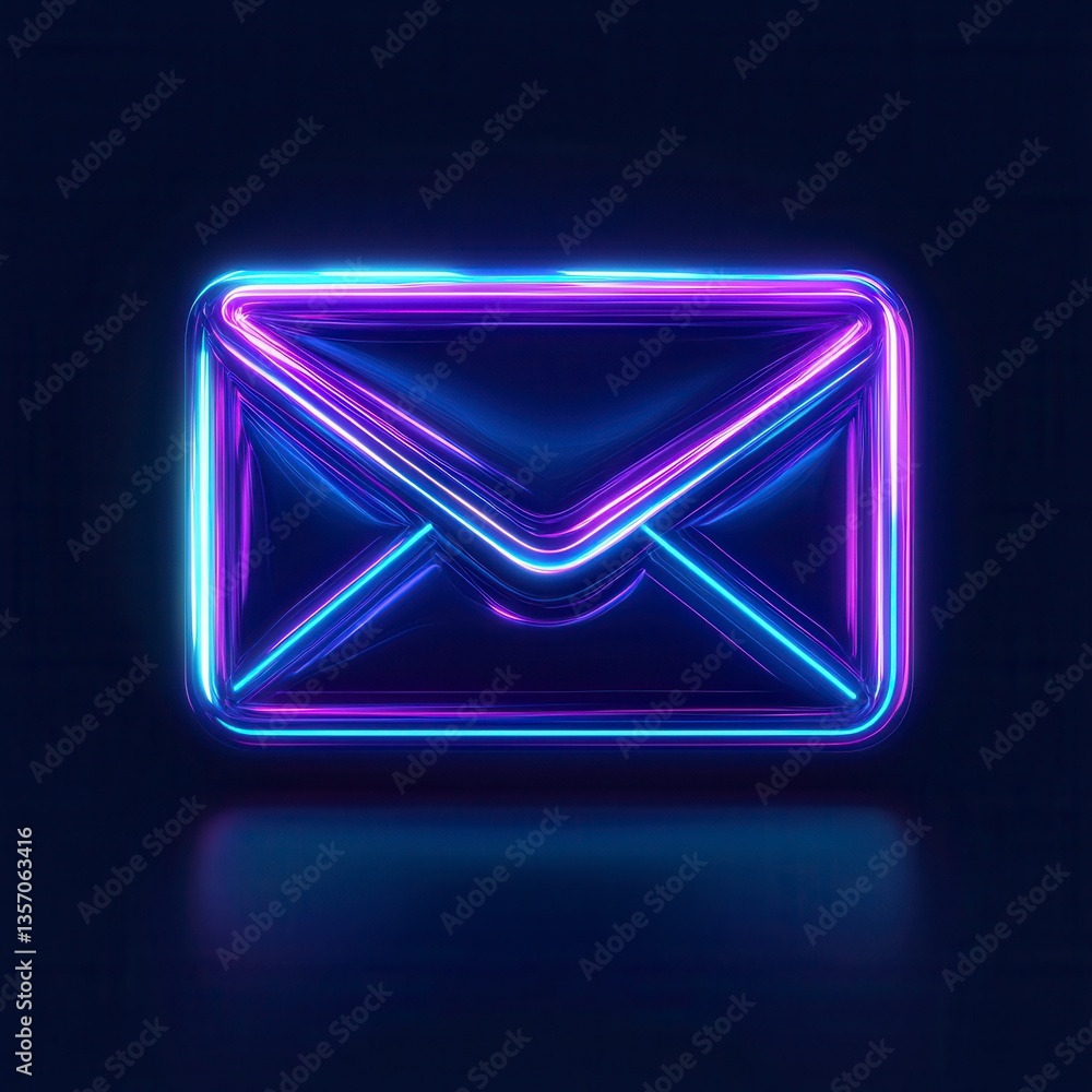 Neon purple and blue glowing envelope icon on dark background. Digital illustration of email symbol with reflective surface. Neon purple and blue glowing envelope icon on dark background. Digital illustration of email symbol with reflective surface.