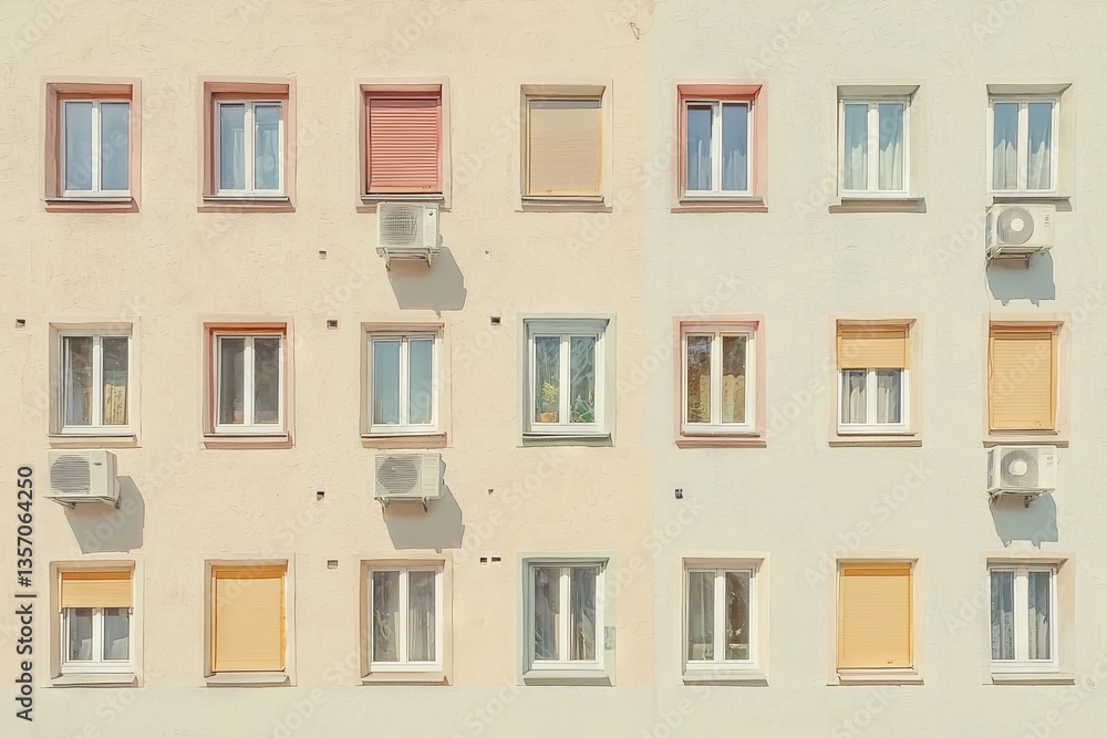 Fototapeta premium The facade of this building is made of concrete and has an asymmetrical layout with square windows of different colors