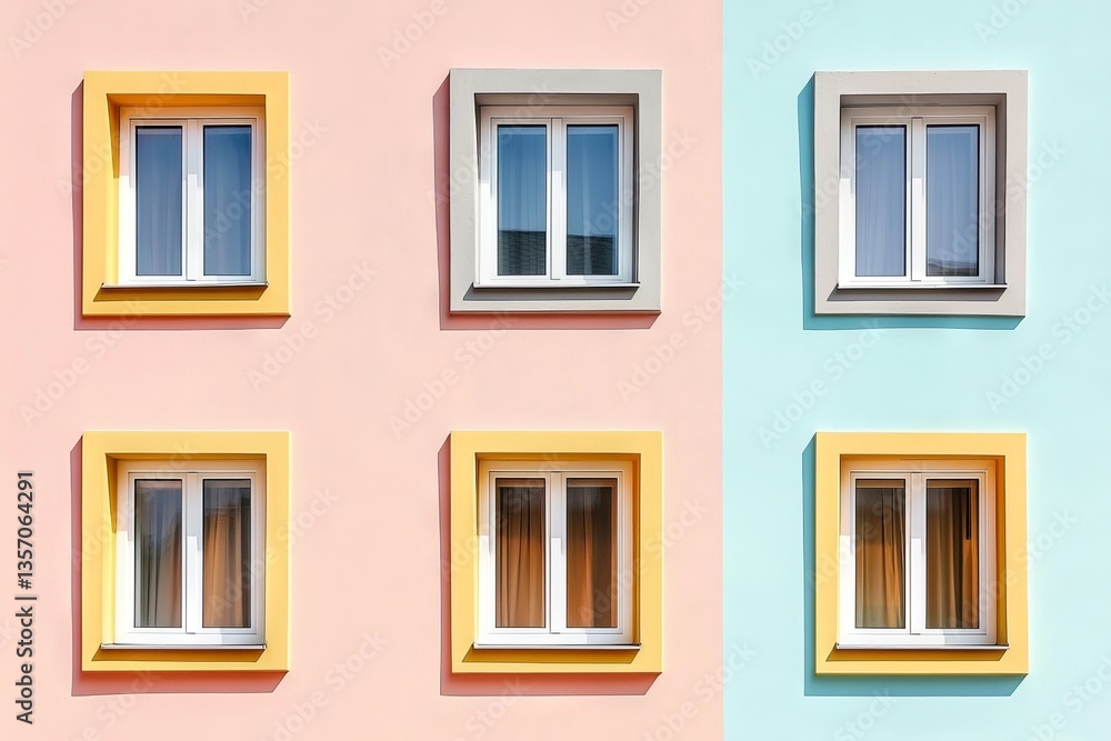 A building facade constructed from concrete, characterized by its asymmetrical shape and adorned with square windows in a multitude of colors A building facade constructed from concrete, characterized by its asymmetrical shape and adorned with square windows in a multitude of colors