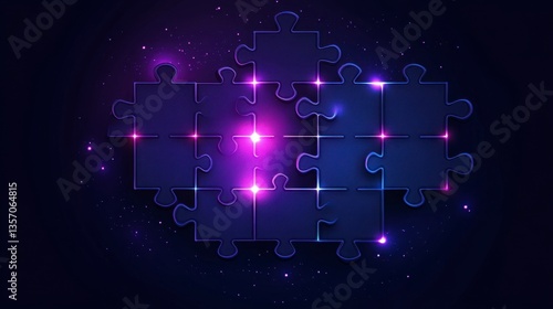 Glowing puzzle pieces with handwritten text on a dark background. Purple and blue hues with bright center.