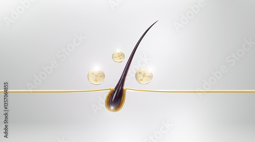 Fotografie 3D illustration of a black hair strand penetrating golden serum bubble surrounded by small particles, ideal for hair care and cosmetic concepts