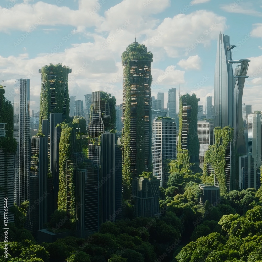 Obraz premium Futuristic metropolis characterized by tall structures and green architectural elements