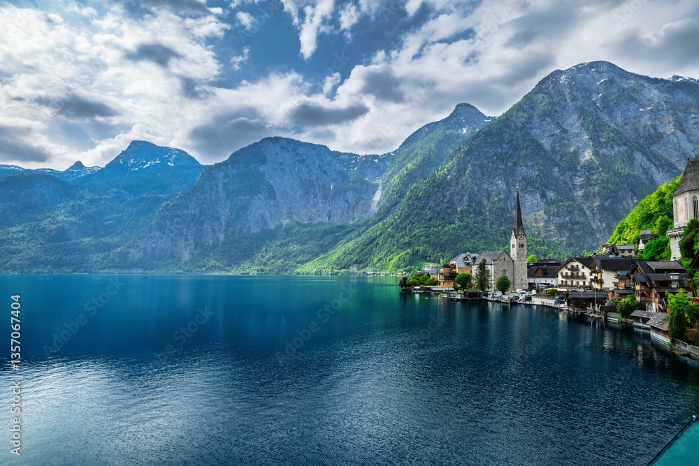 Scenic view of Hallstatt village and lake. Scenic view of Hallstatt village and lake.