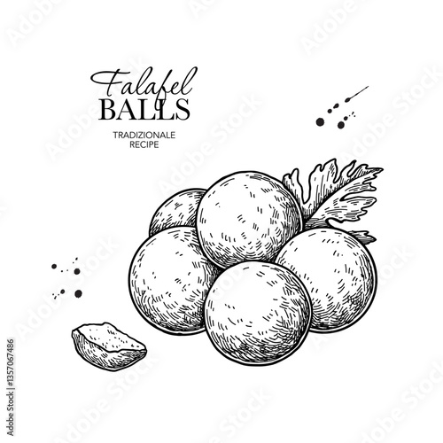 Falafel balls and parsley leaves vector drawing. Fried chickpea balls pieces sketch. Arabic halal food illustration. 