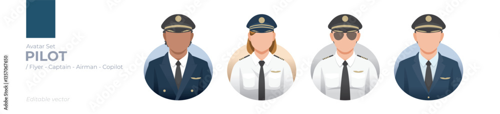 Aviation Avatars Collection: Editable Vector Graphics of Diverse Pilots, Copilots, Captains, and Airmen in Professional Uniforms for Creative Design and Airline Branding Projects Aviation Avatars Collection: Editable Vector Graphics of Diverse Pilots, Copilots, Captains, and Airmen in Professional Uniforms for Creative Design and Airline Branding Projects