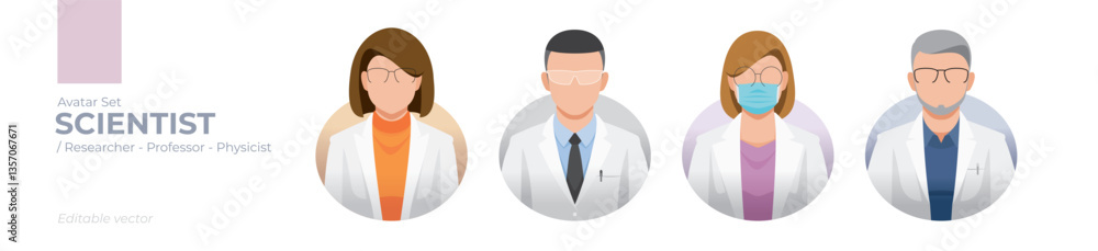 Fototapeta premium Scientist Avatar Set: Editable Vector Graphics of Diverse Researchers, Chemists, Biologists, and Innovators in Lab Coats and Protective Gear for Education, STEM Projects, and Science Communication Des