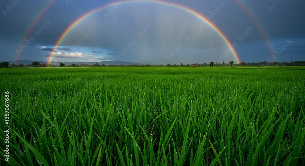Naklejka premium Double Rainbow over Lush Green Rice Paddy Field. AI Generated