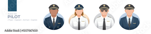 Aviation Avatars Collection: Editable Vector Graphics of Diverse Pilots, Copilots, Captains, and Airmen in Professional Uniforms for Creative Design and Airline Branding Projects