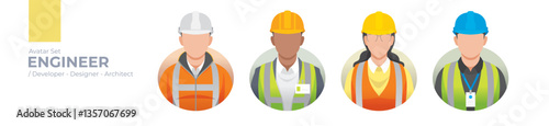 Engineer Avatar Set: Editable Vector Graphics of Diverse Engineers, Designers, and Builders in Safety Gear for Professional Projects in Architecture, Construction, Technology, and Industrial Design