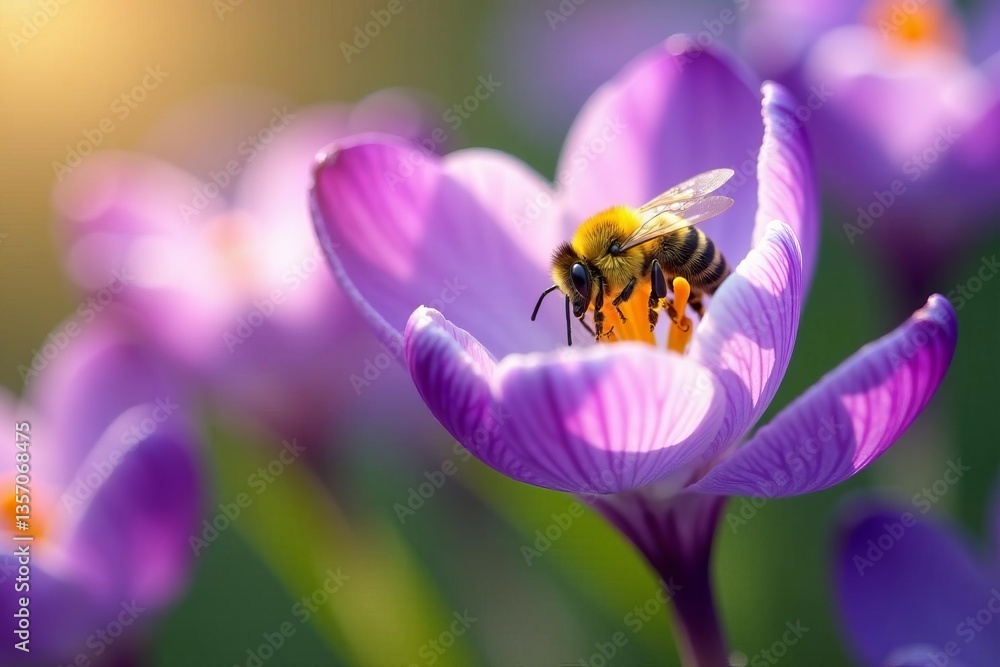 Close-up of bee hovering between blooming crocus petals, spring, nectar Close-up of bee hovering between blooming crocus petals, spring, nectar