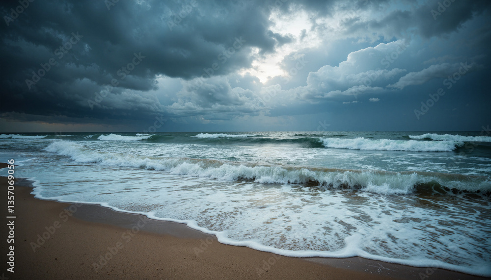 Dramatic stormy ocean waves crashing on shore, nature's fury, copy space Dramatic stormy ocean waves crashing on shore, nature's fury, copy space