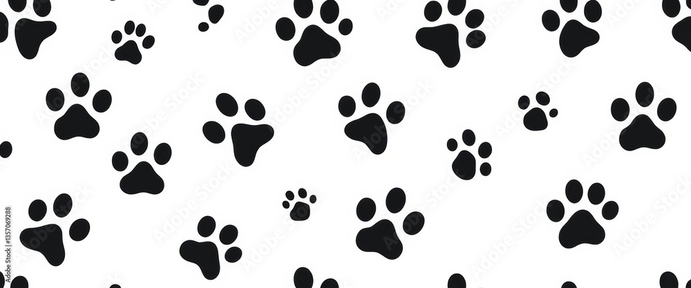Black and white seamless pattern of pet paw prints; abstract vector texture ideal for veterinary clinic, animal, veterinary background Black and white seamless pattern of pet paw prints; abstract vector texture ideal for veterinary clinic, animal, veterinary background