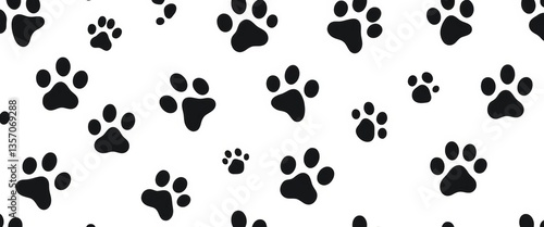 Black and white seamless pattern of pet paw prints; abstract vector texture ideal for veterinary clinic, animal,  veterinary background