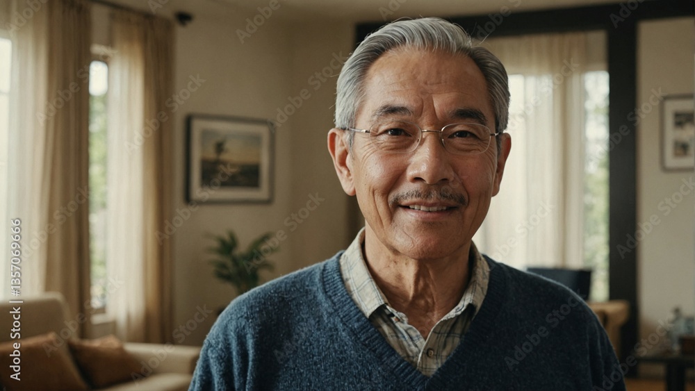 Naklejka premium Thoughtful Senior Asian Man with Grey Hair Smiling Gently at Home, Representing Wisdom, Experience, and Comfortable Retirement Lifestyle