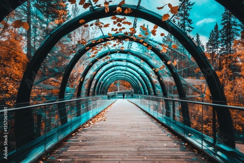 A wooden pathway inside, curving roof, and structural glass facade make up an abstract architecture fragment at the Anyang art park in South Korea photo