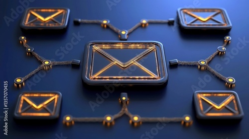 Abstract 3D rendering of interconnected email icons, glowing orange accents, dark blue background, metallic texture, network concept.