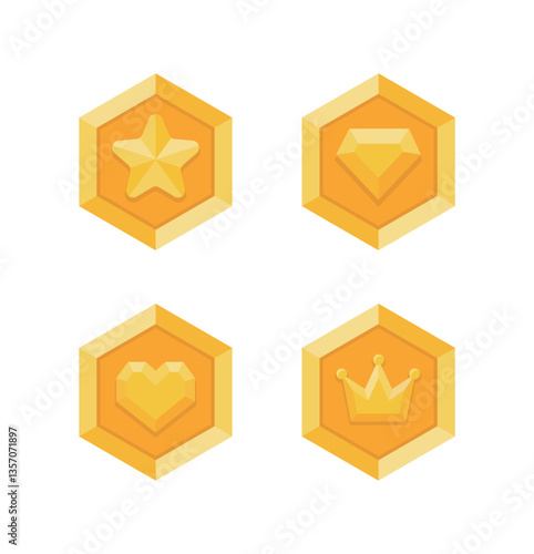 A set of illustration icons containing concepts such as shiny gold coins, medals, points, money, jewel, game coin, etc. The medals have shapes such as stars, diamonds, jewels, hearts, and crowns.