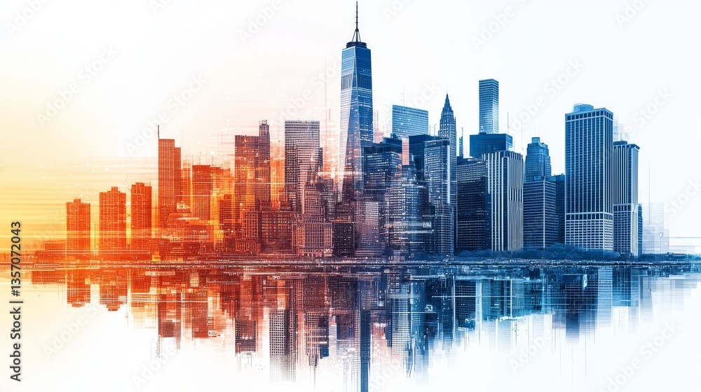 Obraz premium A digital art effect transforms a vibrant city skyline at sunset into a dynamic representation of urban life and energy