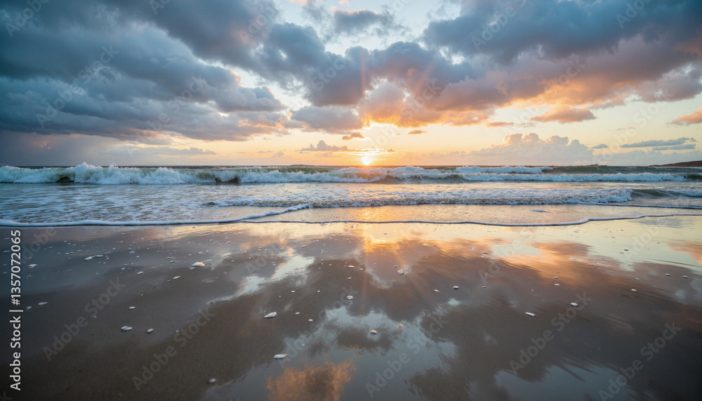 Fototapeta premium Stormy ocean reflection at sunset, dramatic beauty of nature, copy space