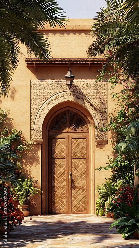 Fototapeta premium Traditional arabic wooden door with palm trees