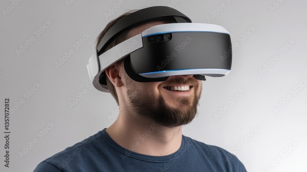 Happy man wearing a VR headset, enjoying immersive experience. Happy man wearing a VR headset, enjoying immersive experience.
