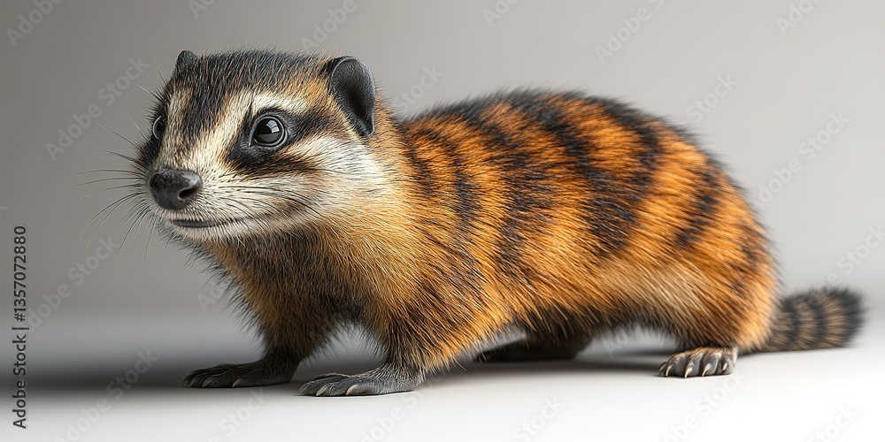 Fototapeta premium Small striped creature stands on a smooth surface showcasing its vibrant fur and curious expression