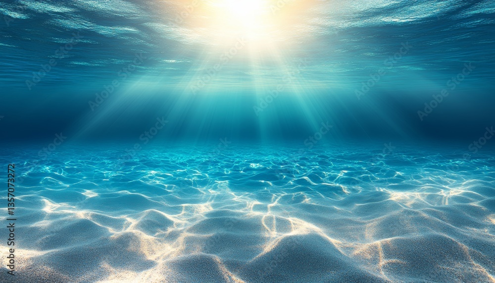 Sunrays illuminate, pristine, sandy seabed. Tranquil underwater scene in vibrant blue. Sunrays illuminate, pristine, sandy seabed. Tranquil underwater scene in vibrant blue.