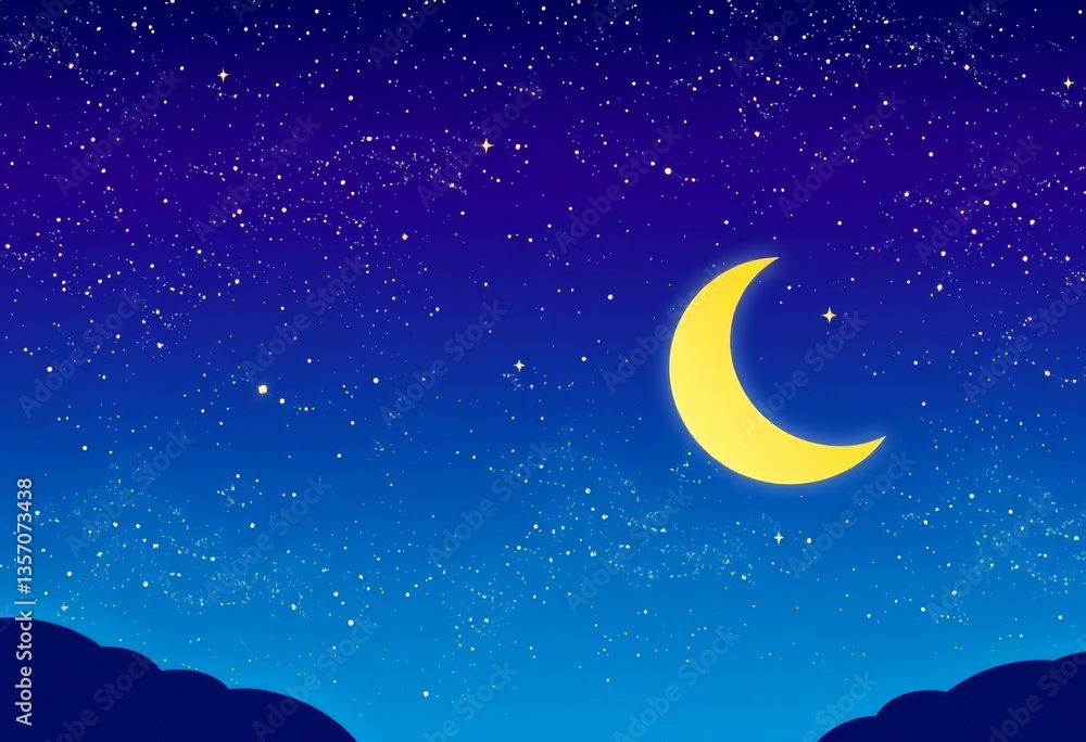 Cartoon night sky banner with twinkling stars and crescent moon, ample copy space , template, fun Cartoon night sky banner with twinkling stars and crescent moon, ample copy space , template, fun