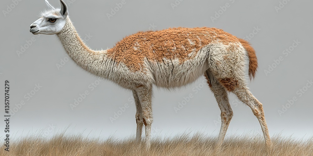 Fototapeta premium Llama walking through grassland under cloudy sky in a natural habitat during late afternoon