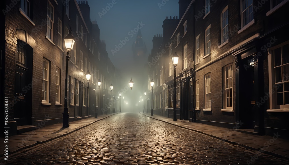 Fototapeta premium Foggy Cobblestone Street at Night