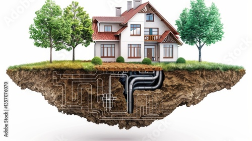 A geothermal-powered home with a heat pump system that taps into the earthâ€™s natural energy, isolated on a transparent white background 