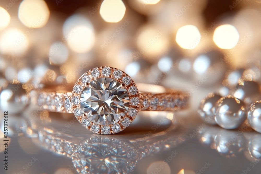 a close-up of a dazzling engagement ring and pearls, capturing the essence of romance and elegance a close-up of a dazzling engagement ring and pearls, capturing the essence of romance and elegance