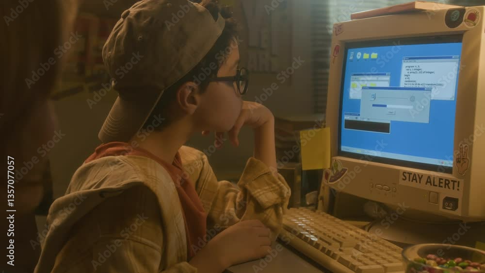 Side view of young boy looking at computer screen while downloading programs with friend in warm toned 90s setting Side view of young boy looking at computer screen while downloading programs with friend in warm toned 90s setting