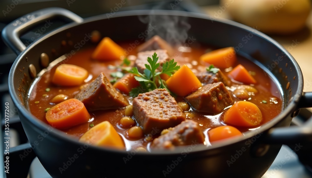 Close up of a pot filled with bubbling beef stew simmering on a stove, ready to be enjoyed, satisfying, savory Close up of a pot filled with bubbling beef stew simmering on a stove, ready to be enjoyed, satisfying, savory