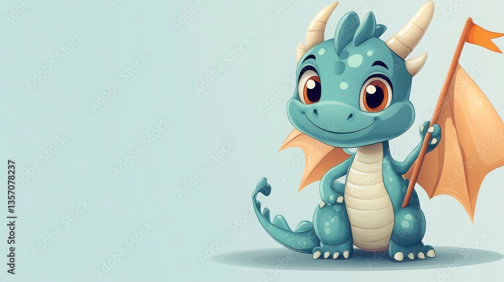 Obraz premium Adorable Baby Dragon Pixel Art Illustration With Orange Flag And Light Blue Backgrounds. Whimsical And Adorable Illustration Of A Cute Dragon. Charming Little Dragon. Cute Little Dragon. Friendly