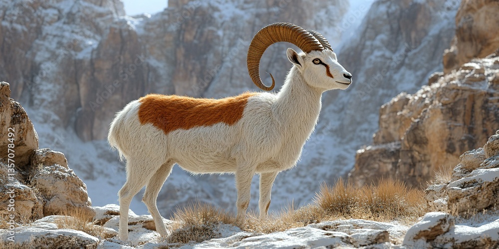 Obraz premium Mountain goat standing majestically in a snowy landscape surrounded by rocky cliffs under a clear blue sky