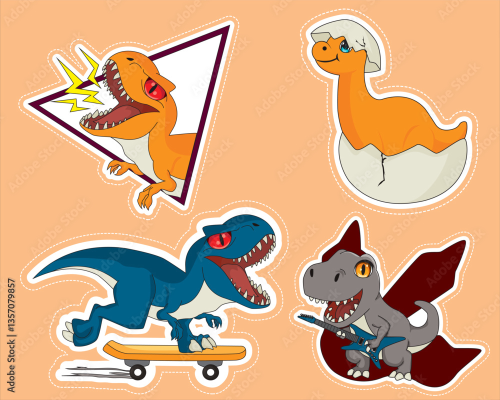 Fototapeta premium Dinosaur Sticker Set of 4 Different Dino Vector