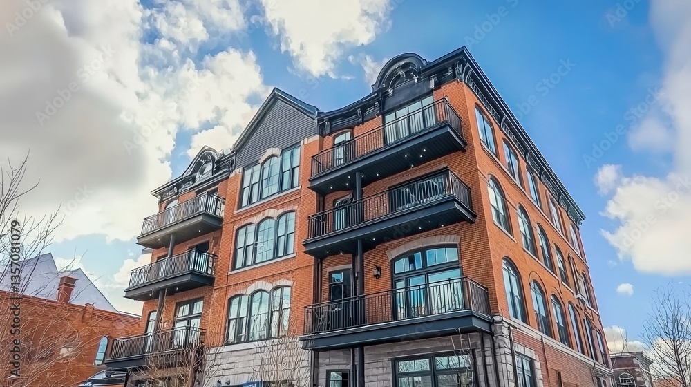 Fototapeta premium Under a bright blue sky, a sleek brick apartment building stands out with its spacious balconies and large windows