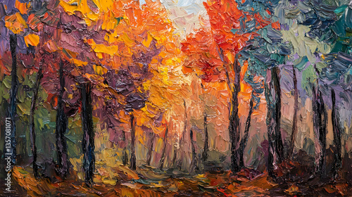 Impasto autumn forest scenery depicting intense textured brushwork