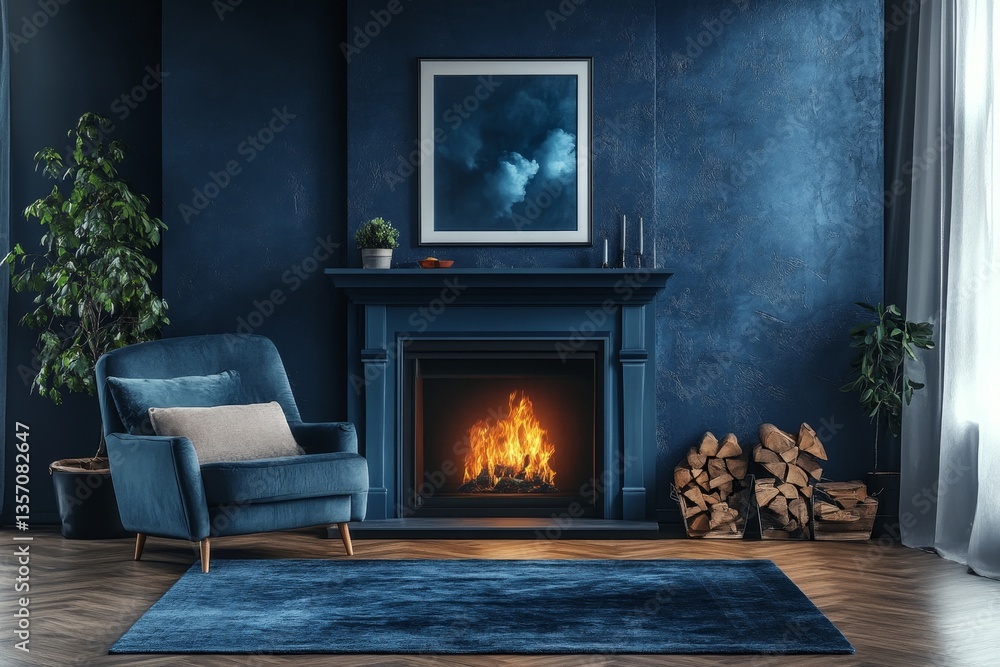 an elegant living room with a cozy fireplace, a comfortable armchair, and a beautiful painting on the wall. The room has a sophisticated and inviting atmosphere. an elegant living room with a cozy fireplace, a comfortable armchair, and a beautiful painting on the wall. The room has a sophisticated and inviting atmosphere.