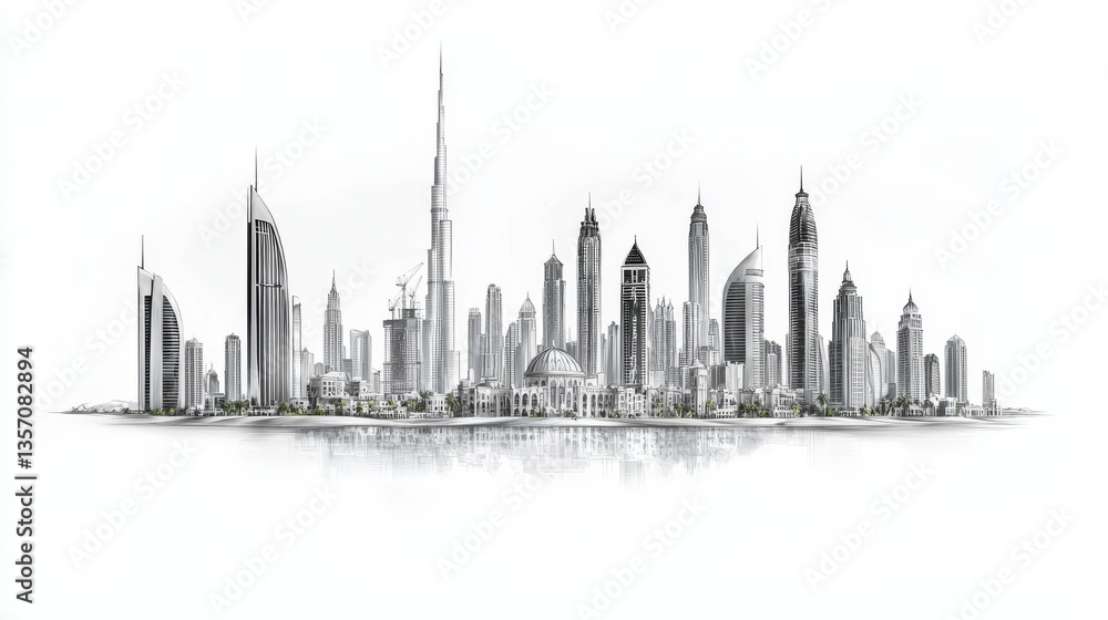 Fototapeta premium Illustration of an Urban Landscape featuring Towering Structures and a Cloudy Background