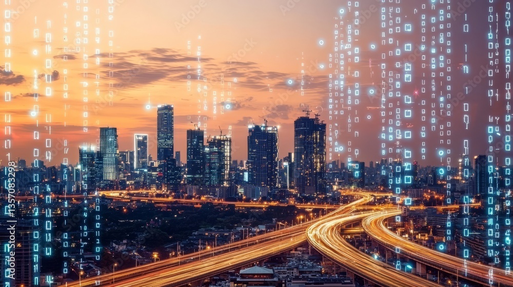 Fototapeta premium A futuristic city scene illuminated by red and blue lights during sunset