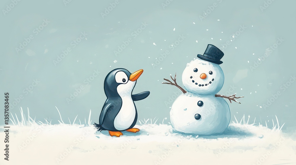 Adorable Penguin And Snowman In Snowy Landscape In Winter Wonderland Scene With Animals And Decorations And Gifts For Celebrations. With Children And Family Themes. With Cute Animal Friends In Adorable Penguin And Snowman In Snowy Landscape In Winter Wonderland Scene With Animals And Decorations And Gifts For Celebrations. With Children And Family Themes. With Cute Animal Friends In