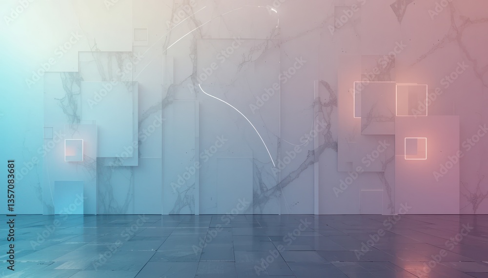 Obraz premium Dynamic abstract art installation modern gallery digital artwork contemporary environment wide-angle view visual exploration of light and shape