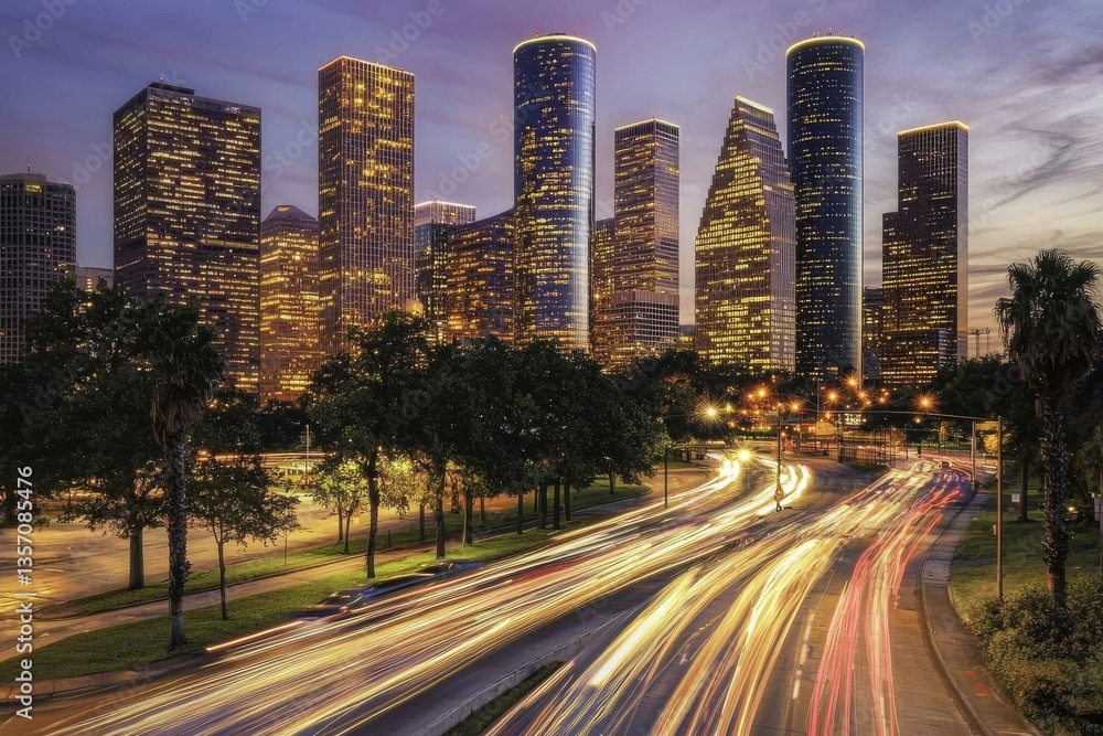 Fototapeta premium Texas downtown at night is characterized by a cityscape of skyscrapers, twilight traffic, and blurred lights on the highway, reflecting its urban and financial hub